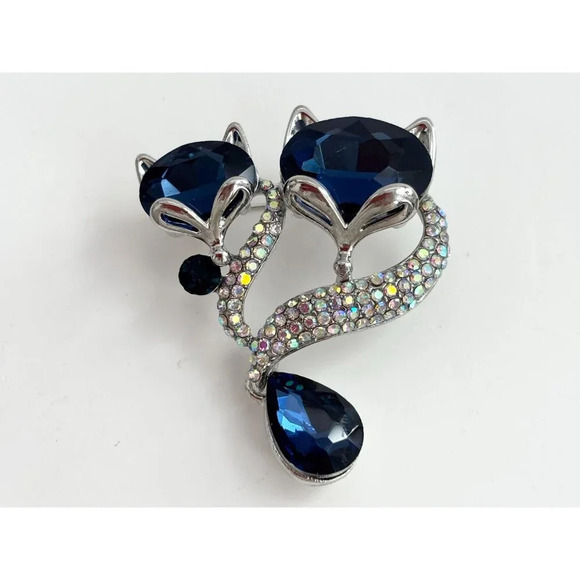 XL Blue & Iridescent Rhinestone Silver Toned Double Fox Large Dangle Brooch - Picture 7 of 8